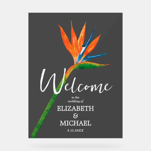 Tropischer Bird of Paradise Hochzeit Willkommen Sm Acrylschild (Vorderseite)