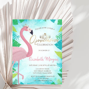 Tropischer Blatt-Rosa-Flamingo-Sommer-Quinceañera Einladung