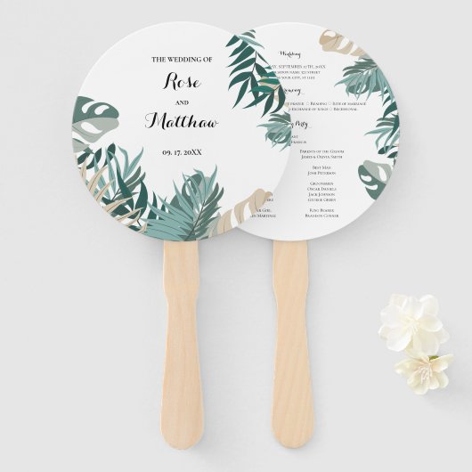 Tropischer Blätter Hochzeitsprogramm Handfächer (Vorne und Hinten)