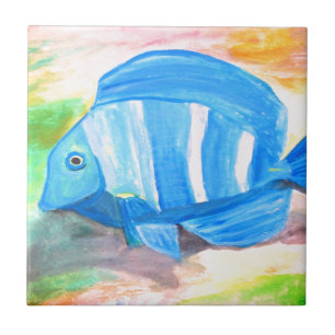 Tropischer blauer Fisch Aquarell Meer Ozean  Fliese