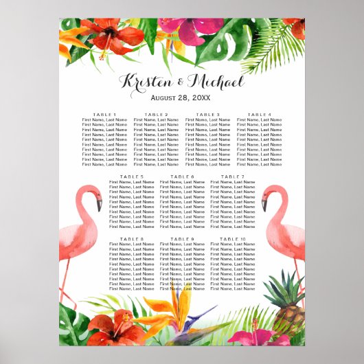 Tropischer Blumenflamingo-Hochzeitssitzplan Poster (Vorne)