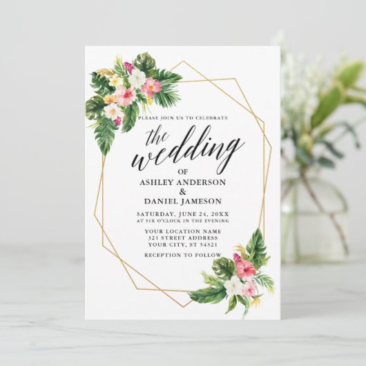 Tropischer Blumenkalligrafie-Goldrahmen Einladung (Stehend Vorderseite)