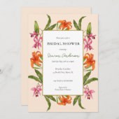 Tropischer Blumenpfirsich mit weißem Brautparty Einladung (Vorne/Hinten)