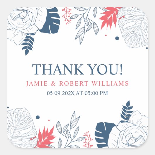 Tropischer Blumenrahmen in blau weiß und korallenr Quadratischer Aufkleber (Vorderseite)