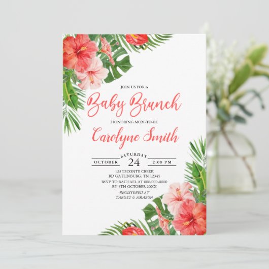 Tropischer Blumenrahmen Wasserfarbe Babybrunch Einladung (Stehend Vorderseite)