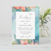 Tropischer Blütenschwarm Moderne Hochzeitsfeier Einladung (Stehend Vorderseite)