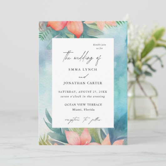 Tropischer Blütenschwarm Moderne Hochzeitsfeier Einladung (Stehend Vorderseite)