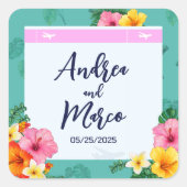 Tropischer Boarding Pass Hochzeit in Urlaubsort Quadratischer Aufkleber (Vorderseite)