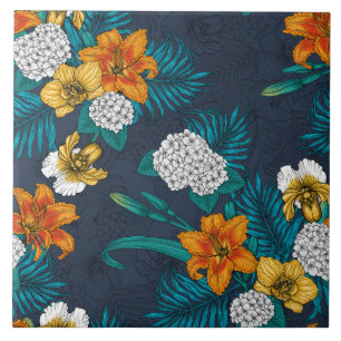 Tropischer Bouquet in Blau Fliese