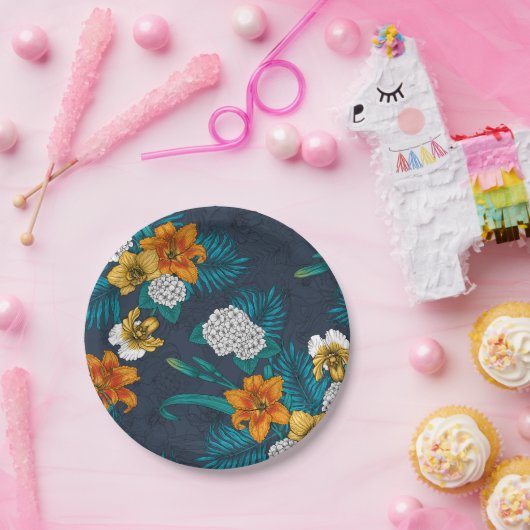 Tropischer Bouquet in Blau Pappteller (Party)