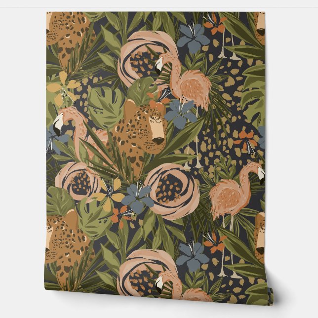 Tropischer Cheetah und Flamingo-Tapete Tapete (Abrollen)