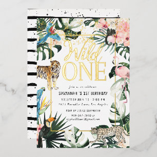 Tropischer Chic   Goldene Wild One Geburtstagsfeie Folieneinladung