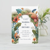Tropischer Dschungel Arch Exotic Floral Summer Wed Einladung (Stehend Vorderseite)
