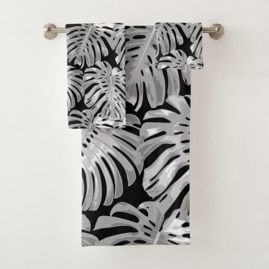 Tropischer Dschungel Blätter Grau Schwarz Moderne Badhandtuch Set (Insitu)