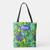 Tropischer Dschungel Blätter Grüngelber Name Tasche (Rückseite)