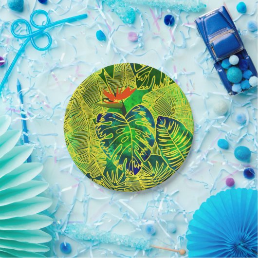 Tropischer Dschungel Grüne Blätter Wasserfarbe Pappteller (Party)