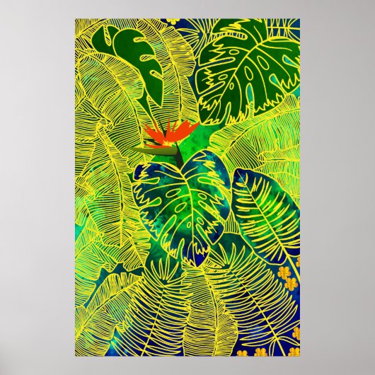 Tropischer Dschungel Grüne Blätter Wasserfarbe Poster (Vorne)
