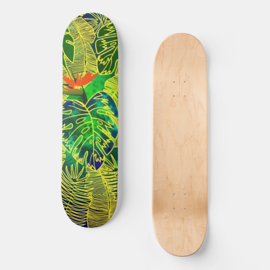 Tropischer Dschungel Grüne Blätter Wasserfarbe Skateboard (Vorderseite)