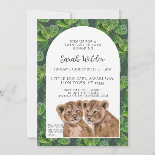 Tropischer Dschungel Lion Twin Baby Dusche Einladu Einladung (Vorderseite)