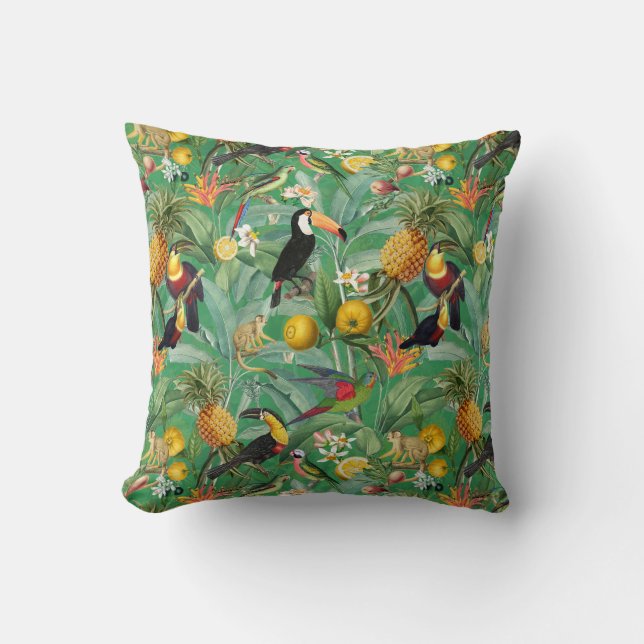 Tropischer Dschungel mit Toucan Birds und Blume Th Kissen (Vorderseite)