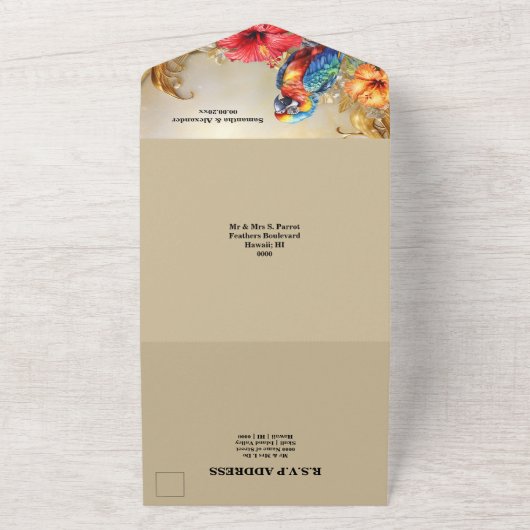 Tropischer Dschungel Papageien Hibiskus Insel beig All In One Einladung (Außenbereich)