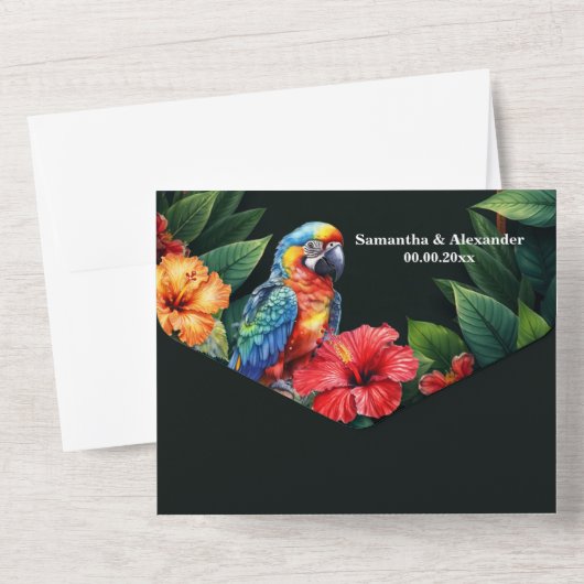 Tropischer Dschungel Papageien Hibiskus Insel Hoch All In One Einladung (Rückseite)