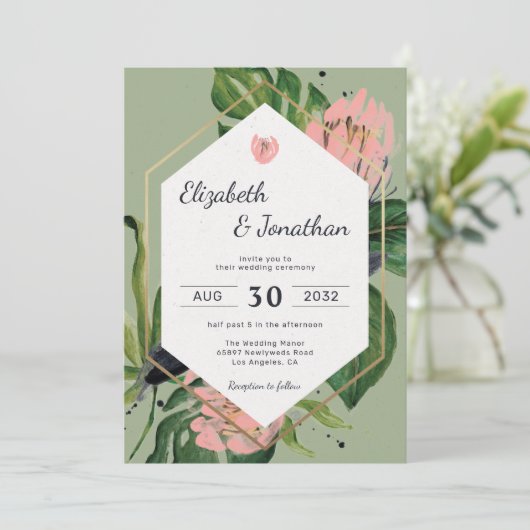 Tropischer Dschungel rosa Blume & Blätter floralmo Einladung (Stehend Vorderseite)