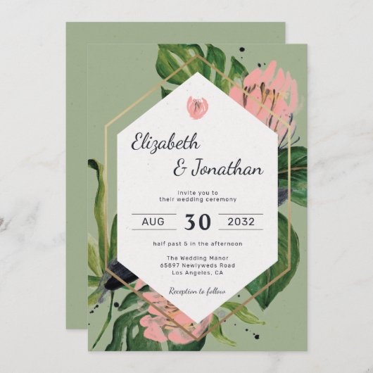 Tropischer Dschungel rosa Blume & Blätter floralmo Einladung (Vorne/Hinten)