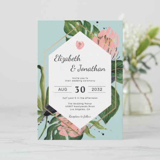 Tropischer Dschungel rosa Blume & Blätter floralmo Einladung (Stehend Vorderseite)