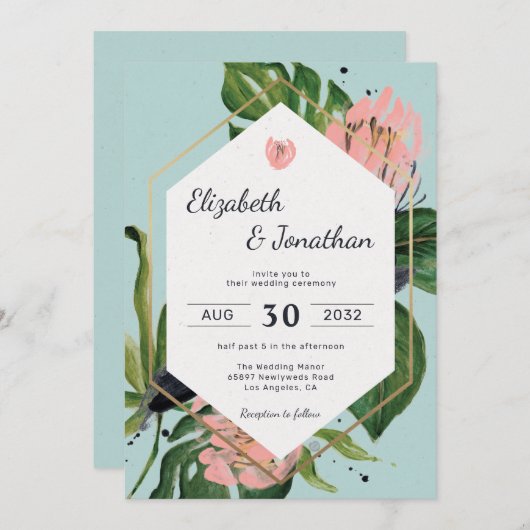 Tropischer Dschungel rosa Blume & Blätter floralmo Einladung (Vorne/Hinten)