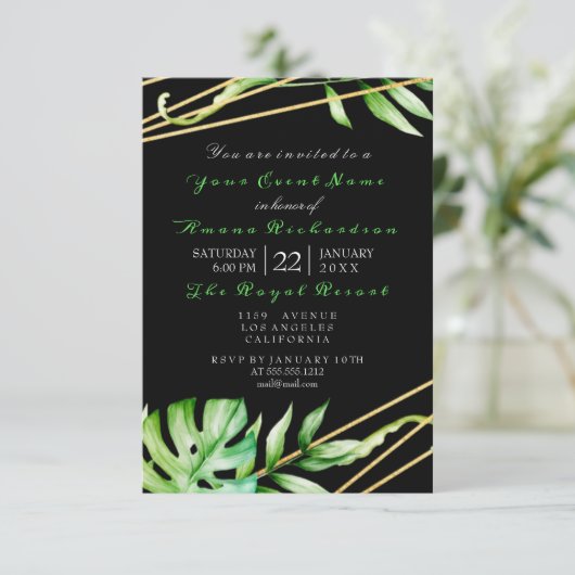 Tropischer Dschungel Schwarz-weißes Party Streifen Einladung (Stehend Vorderseite)