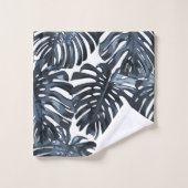 Tropischer Dschungel Verlasse Dunkelblau Weiß Mode Badhandtuch Set (Waschlappen)