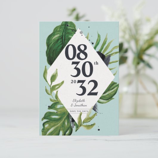 Tropischer Dschungelwein, modern blau Save the Dat (Stehend Vorderseite)