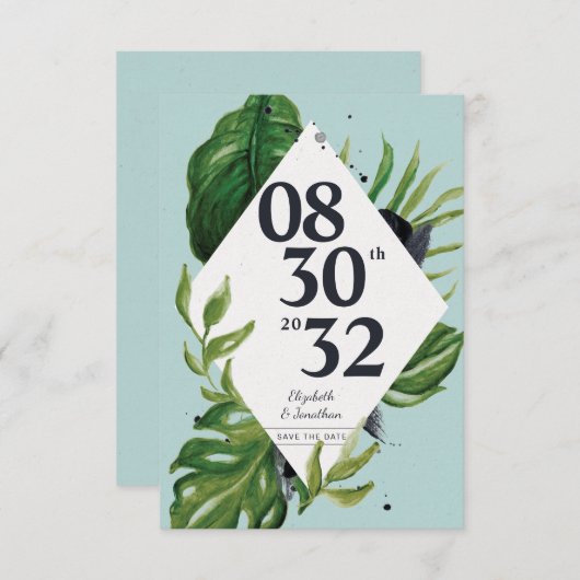 Tropischer Dschungelwein, modern blau Save the Dat (Vorne/Hinten)