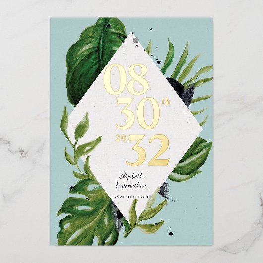 Tropischer Dschungelwein, modern blau Save the Dat Folieneinladung (Vorderseite)