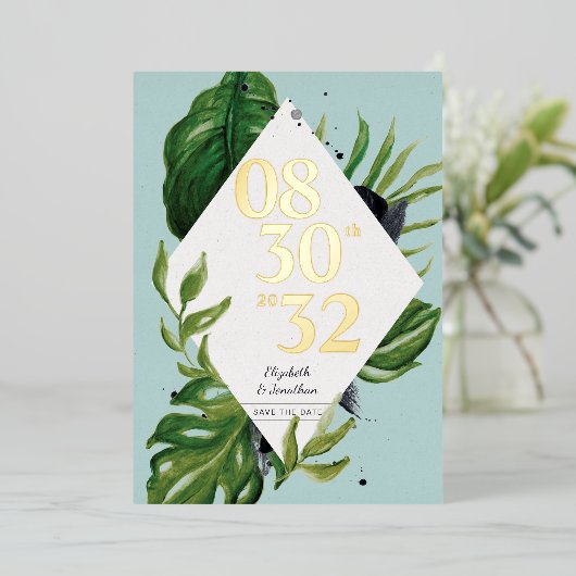 Tropischer Dschungelwein, modern blau Save the Dat Folieneinladung (Stehend vorne)
