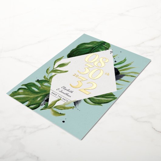 Tropischer Dschungelwein, modern blau Save the Dat Folieneinladung (Gedreht)