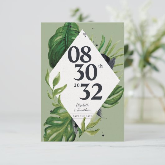 Tropischer Dschungelwein, modern grün Save the Dat (Stehend Vorderseite)