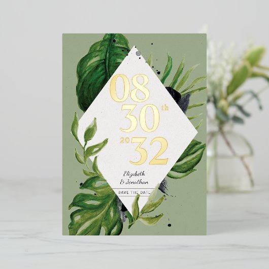 Tropischer Dschungelwein, modern grün Save the Dat Folieneinladung (Stehend vorne)