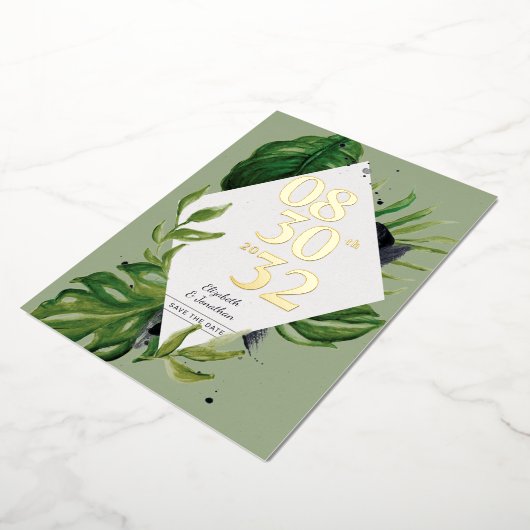 Tropischer Dschungelwein, modern grün Save the Dat Folieneinladung (Gedreht)