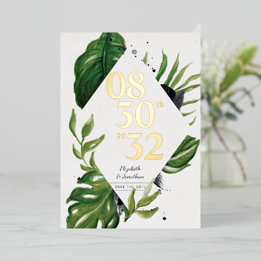 Tropischer Dschungelwein, modern weiß Save the Dat Folieneinladung (Stehend vorne)