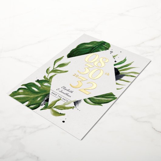 Tropischer Dschungelwein, modern weiß Save the Dat Folieneinladung (Gedreht)