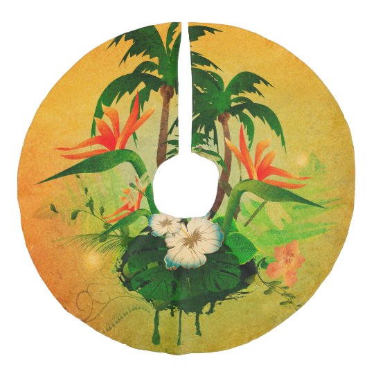 Tropischer Entwurf mit Blumen und Palmen Leinenimitat Weihnachtsbaumdecke (Vorderseite)