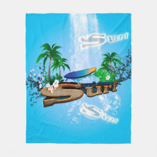 Tropischer Entwurf mit Surfbrett, Palme und Blumen Fleecedecke