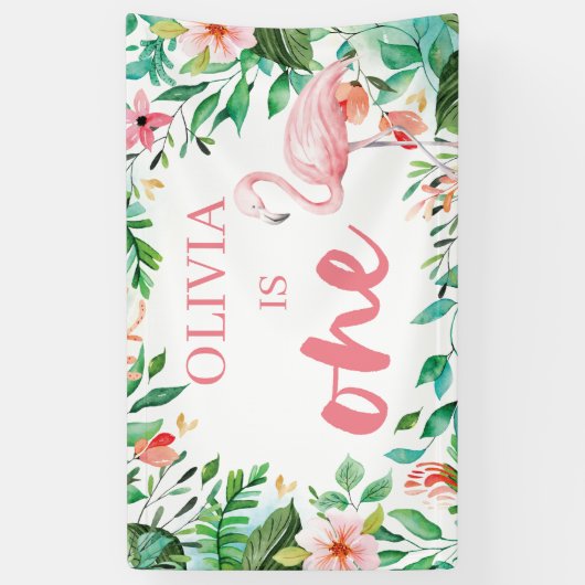 Tropischer Erstgeburtstag Luau Flamingos Banner (Vertikal)