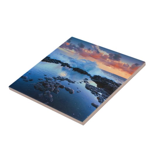 Tropischer Felsstrand Sonnenuntergang Meereswelle Fliese (Seite)