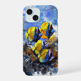 Tropischer Fisch auf einem blauen und orangefarben iPhone 15 Hülle