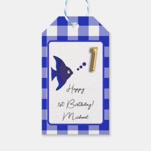 Tropischer Fisch, Blue Gingham Happy 1. Geburtstag Geschenkanhänger