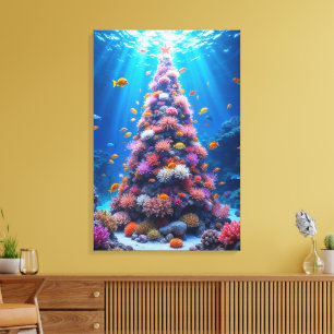 Tropischer Fisch, der um den Weihnachtskorallenbau Leinwanddruck