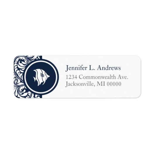 Tropischer Fisch Theme Navy Damask Adresszeichen (Vorne)